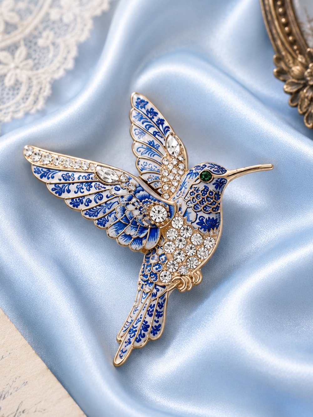 Art Nouveau Bird Brooch – Crystal Enamel Hummingbird Jewelry